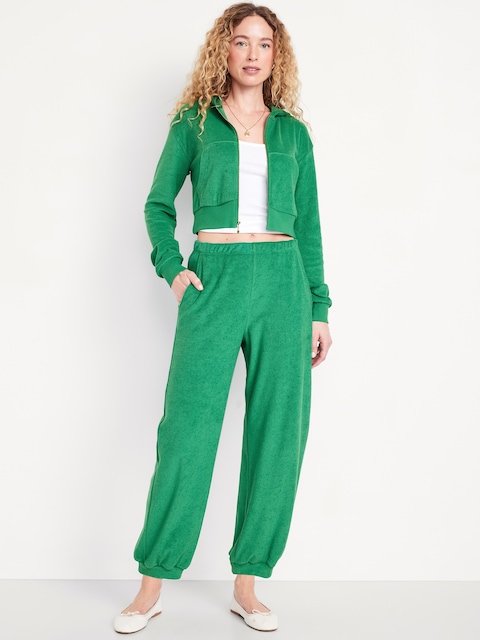 High-Waisted Towel Terry Barrel Ankle Pants - Green Mangrove