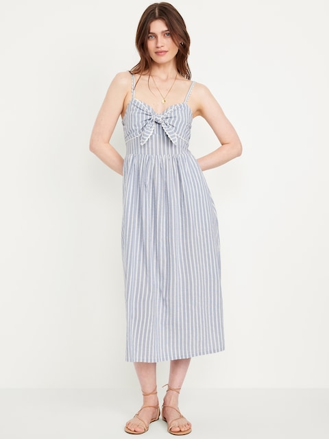 Fit & Flare Tie-Front Seersucker Midi Dress - White & Blue Stripe