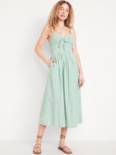 Fit & Flare Tie-Front Seersucker Midi Dress - Green Stripe