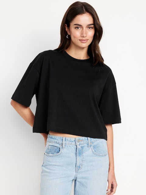 Vintage Crew-Neck Oversized Crop T-Shirt - Black Jack