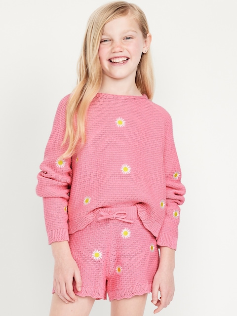 Sweater-Knit Embroidered Shorts for Girls - Pink Floral