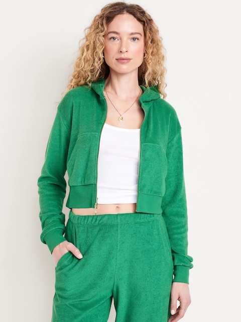 Towel Terry Crop Zip Hoodie - Green Mangrove