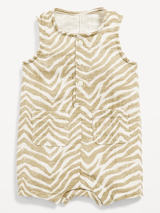 Image number 1 showing, Printed Sleeveless Double-Weave Henley One-Piece Romper for Baby