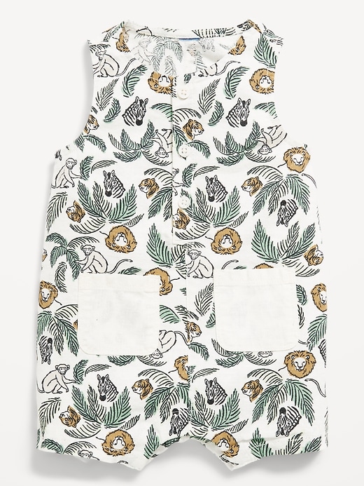 Image number 1 showing, Printed Sleeveless Linen-Blend Henley One-Piece Romper for Baby