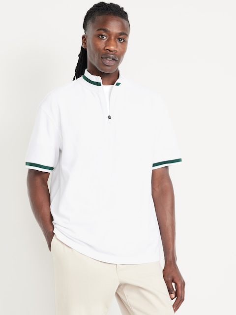 Mock-Neck Pique Quarter Zip - White/Green Stripe