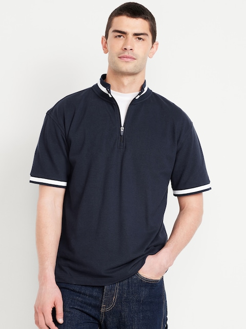 Mock-Neck Pique Quarter Zip - Navy/White Stripe