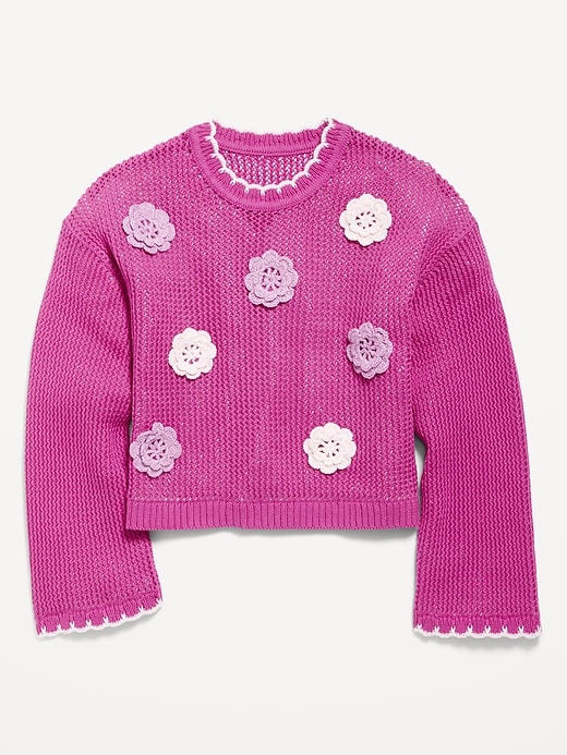 Image number 2 showing, Long-Sleeve Crochet-Floral Sweater for Girls