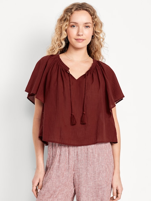 Crinkle Gauze Tassel-Tie Shirred Top - Maroon Your Day