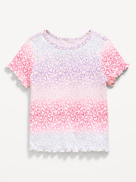 Printed Short-Sleeve Lettuce-Edge T-Shirt for Toddler Girls - Multi Hearts
