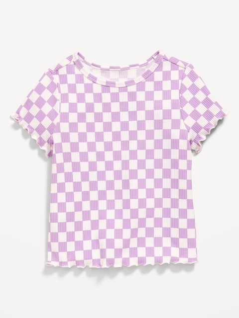 Printed Short-Sleeve Lettuce-Edge T-Shirt for Toddler Girls - Purple Check