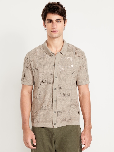 Open-Stitch Sweater Shirt - Natural Palm Pattern