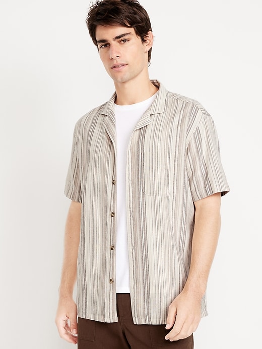 Image number 1 showing, Short-Sleeve Linen-Blend Striped Camp Shirt