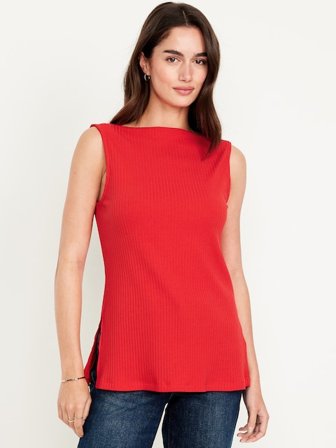 Slit-Neck Ribbed Top - Scotty Red