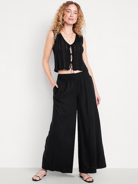 Mid-Rise Linen-Blend Super Wide-Leg Palazzo Pants - Black