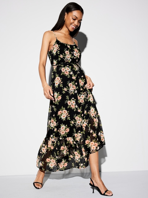 The Occasion by Old Navy Waist-Defined Chiffon Maxi Dress - Black Floral