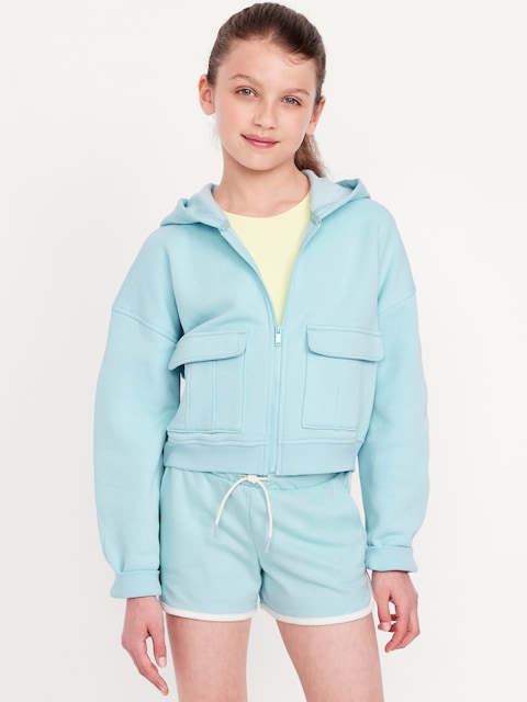 Cropped Zip-Front Cargo Pocket Hoodie for Girls - Ceramic Blue