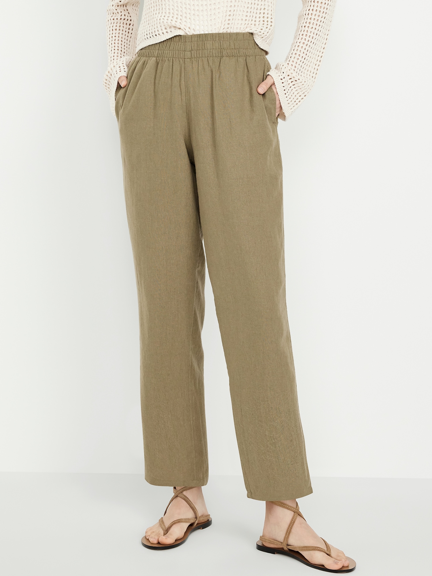 High-Waisted Linen-Blend Straight Ankle Pants
