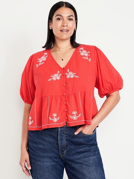 Image number 7 showing, Crinkle Gauze Button-Down Embroidered Top