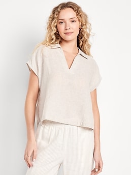 Linen-Blend Cropped Popover Shirt - image 3