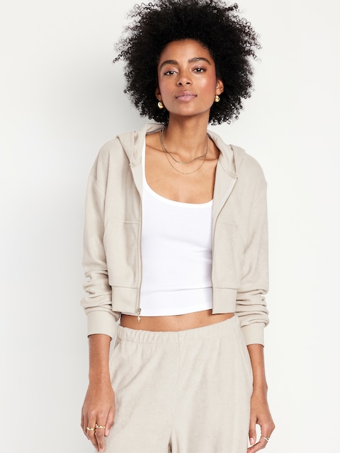 Cropped Terry Zip Hoodie - Wish Bone