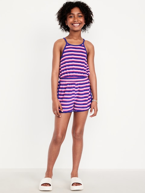 Waist-Defined Terry Romper for Girls - Cool Stripe