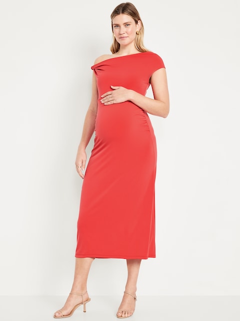 The Occasion by Old Navy Maternity Asymmetrical Shoulder Maxi Dress - Bright Coral