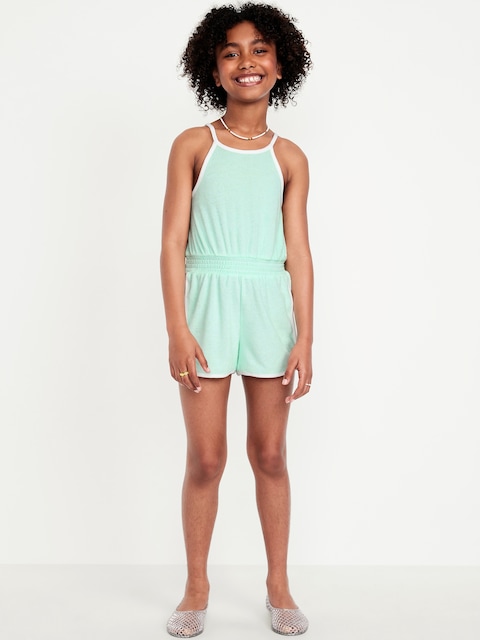 Waist-Defined Terry Romper for Girls - Mint Green