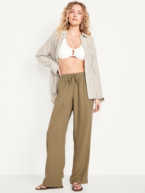High-Waisted Linen-Blend Straight Pants - Kombu