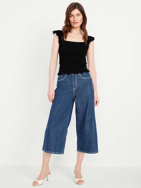 High-Waisted Baggy Wide-Leg Culotte Jeans - Indigo