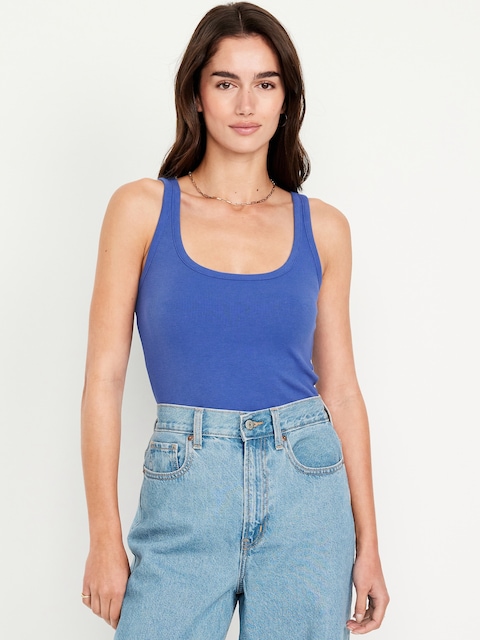 First-Layer Ribbed Scoop-Neck Tank Top - Crayon Blue