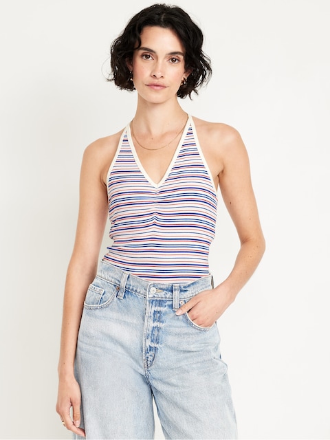 Racerback Crop Tank Top - Multi-Blue Stripe