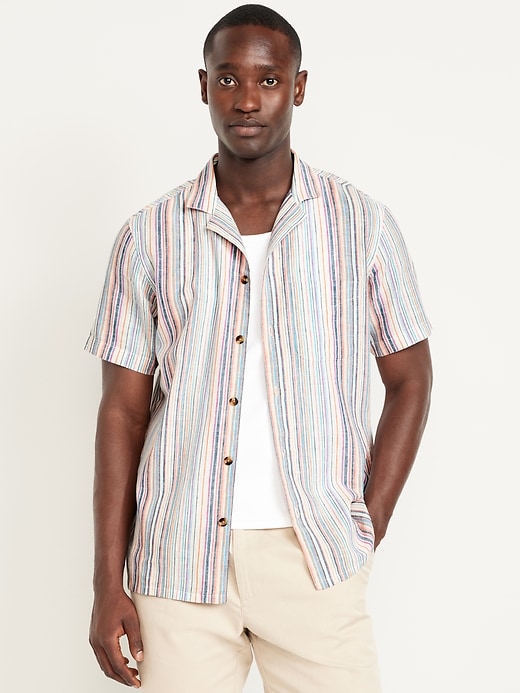 Image number 1 showing, Short-Sleeve Linen-Blend Striped Camp Shirt