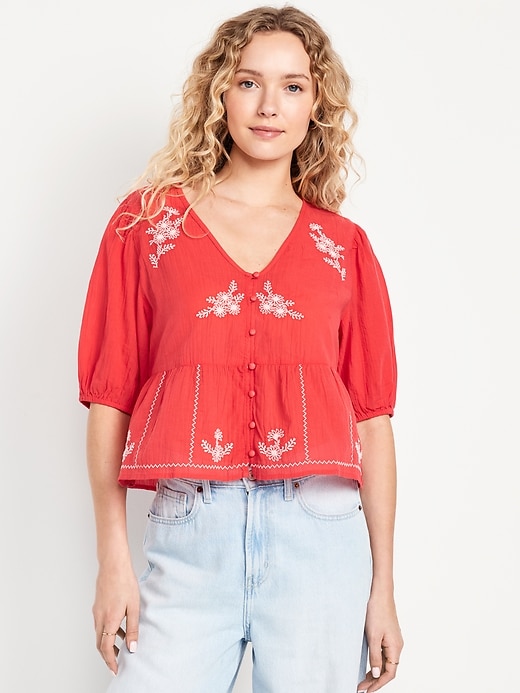 Image number 1 showing, Crinkle Gauze Button-Down Embroidered Top