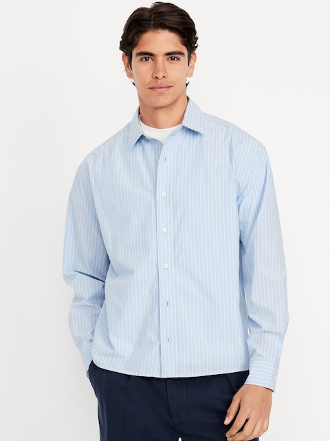 Oversized Cropped Poplin Shirt - Blue Stripe
