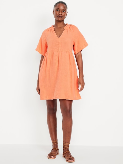 Split-Neck Crinkle Gauze Mini Swing Dress - Blossom Petal