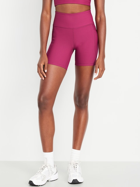 High-Waisted PowerSoft Pocket Biker Shorts -- 6-inch inseam - Magenta Lacquer