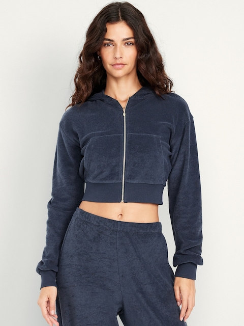 Cropped Terry Zip Hoodie - Dusk Navy