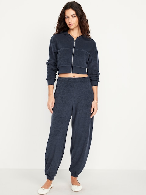High-Waisted Towel Terry Barrel Ankle Pants - Dusk Navy
