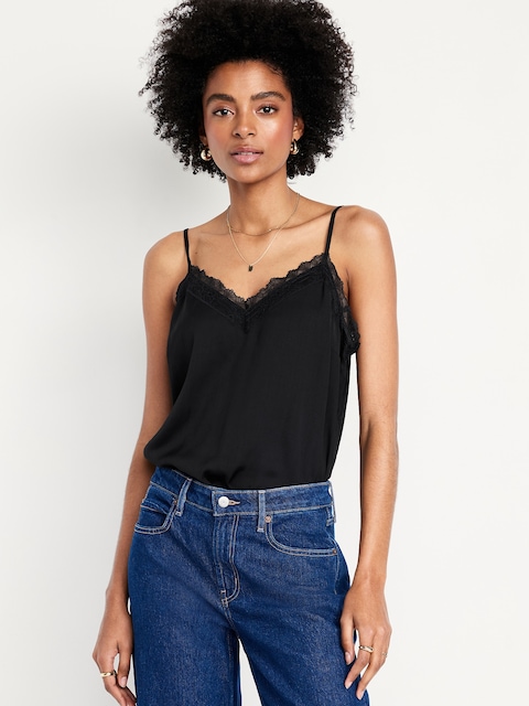 Lace-Trim Satin Cami Top - Black Jack