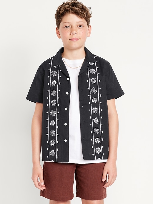 Image number 1 showing, Short-Sleeve Linen-Blend Embroidered Shirt for Boys
