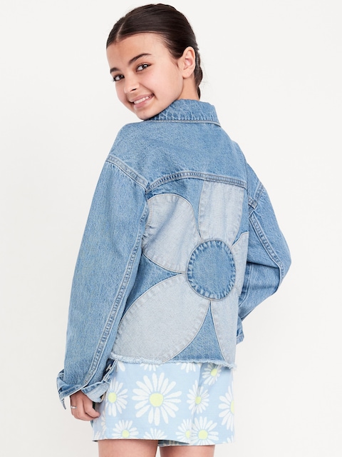 Oversized Floral-Back Cut-Off Jean Jacket for Girls