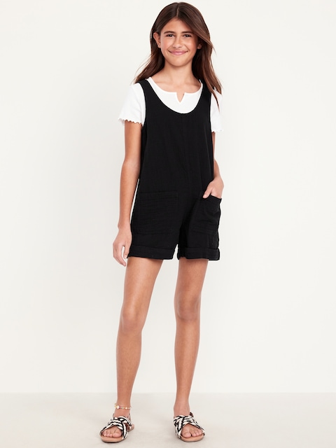 Sleeveless Double-Weave Pocket Romper for Girls - Black Jack