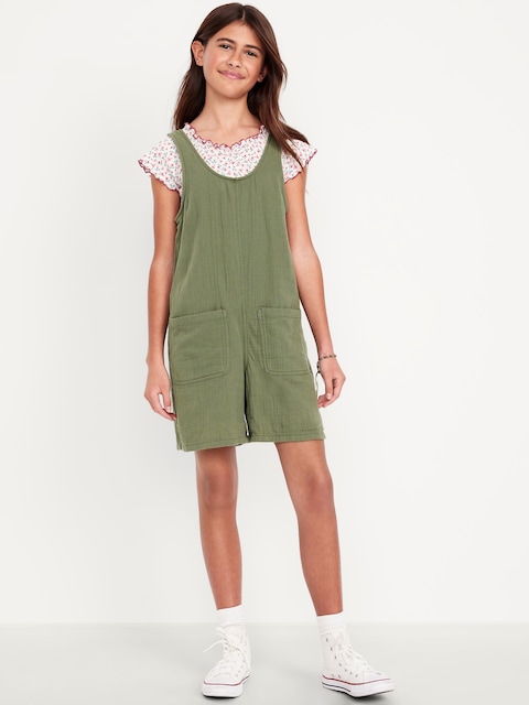 Sleeveless Double-Weave Pocket Romper for Girls - Olive Through This