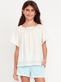Image number 1 showing, Short Flutter-Sleeve Crochet-Trim Top for Girls