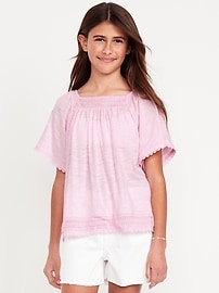 Image number 1 showing, Short Flutter-Sleeve Crochet-Trim Top for Girls