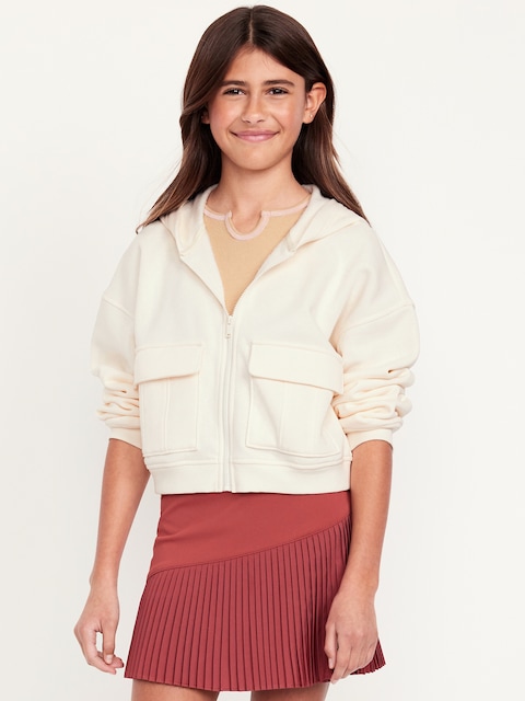 Cropped Zip-Front Cargo Pocket Hoodie for Girls - Creme De La Creme