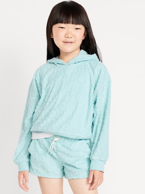 Loose Textured Terry Pullover Hoodie for Girls - Ceramic Blue