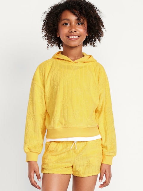 Loose Textured Terry Pullover Hoodie for Girls - Taxicab