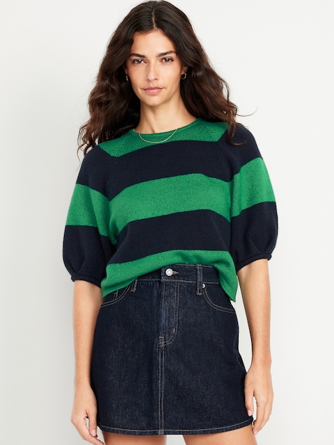 SoSoft Cropped Puff-Sleeve Sweater - Lime/Navy Stripe