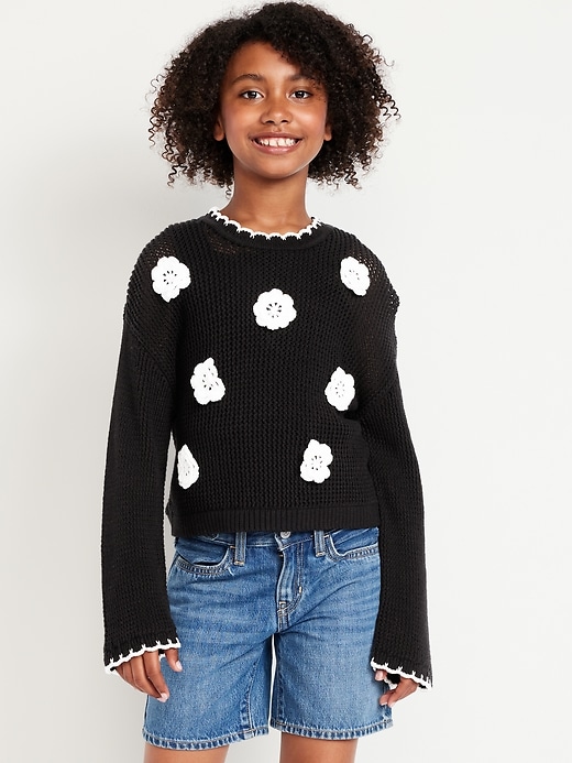 Image number 1 showing, Long-Sleeve Crochet-Floral Sweater for Girls